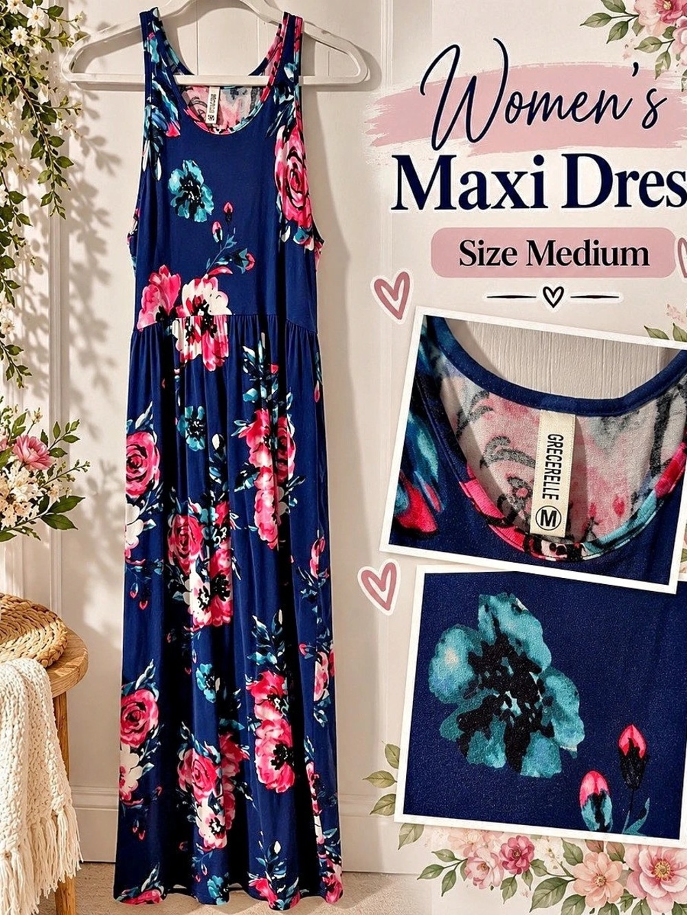 CRESCENT Floral Maxi Dress in Blue & Pink Size Medium